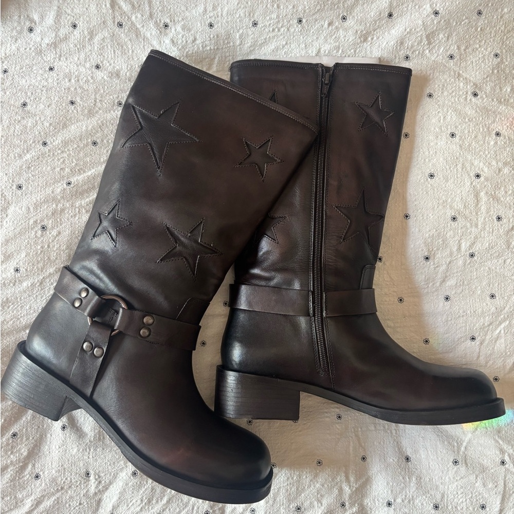 Brown leather moto boots with embossed stars